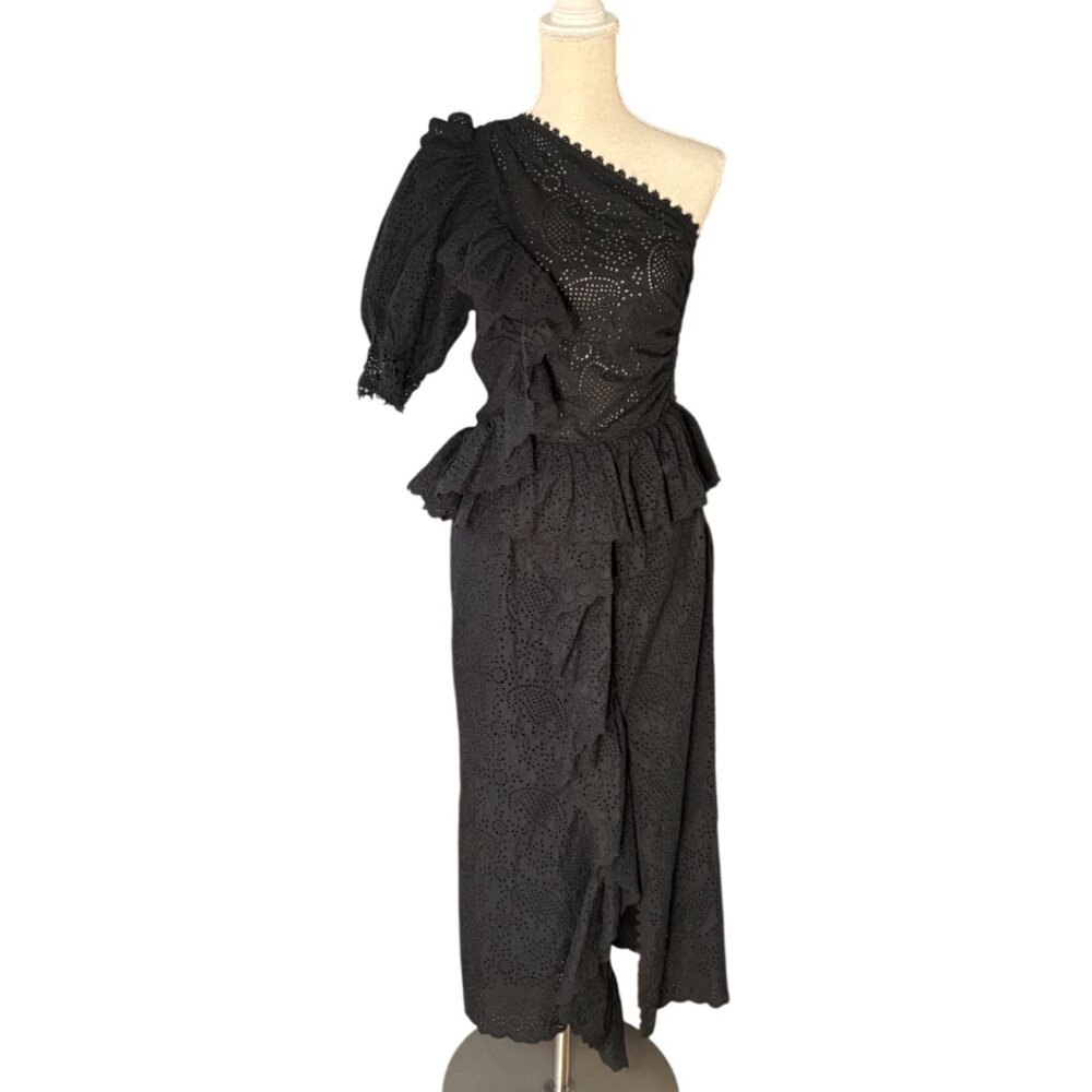 Ulla Johnson Twyla Dress in noir black size 8 one shoulder cotton eyelet midi 6 - Picture 3 of 11